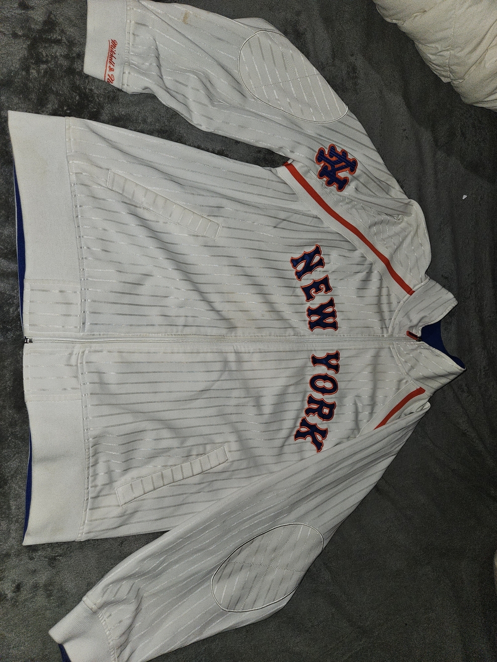 Mitchell & Ness White Pinstripe New York Bomber with Red & Blue Accents